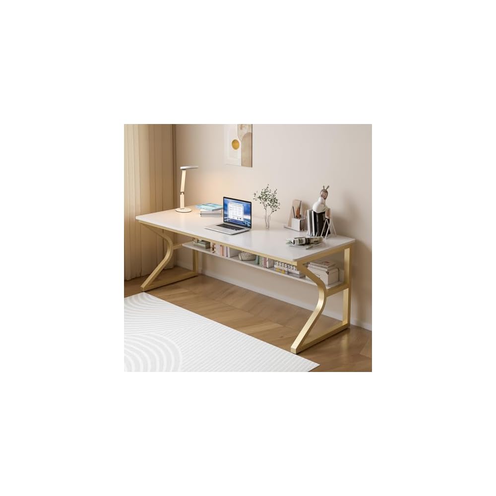 OSCHF 63-Inch Extra Long Desk with Storage Shelf, Warm White