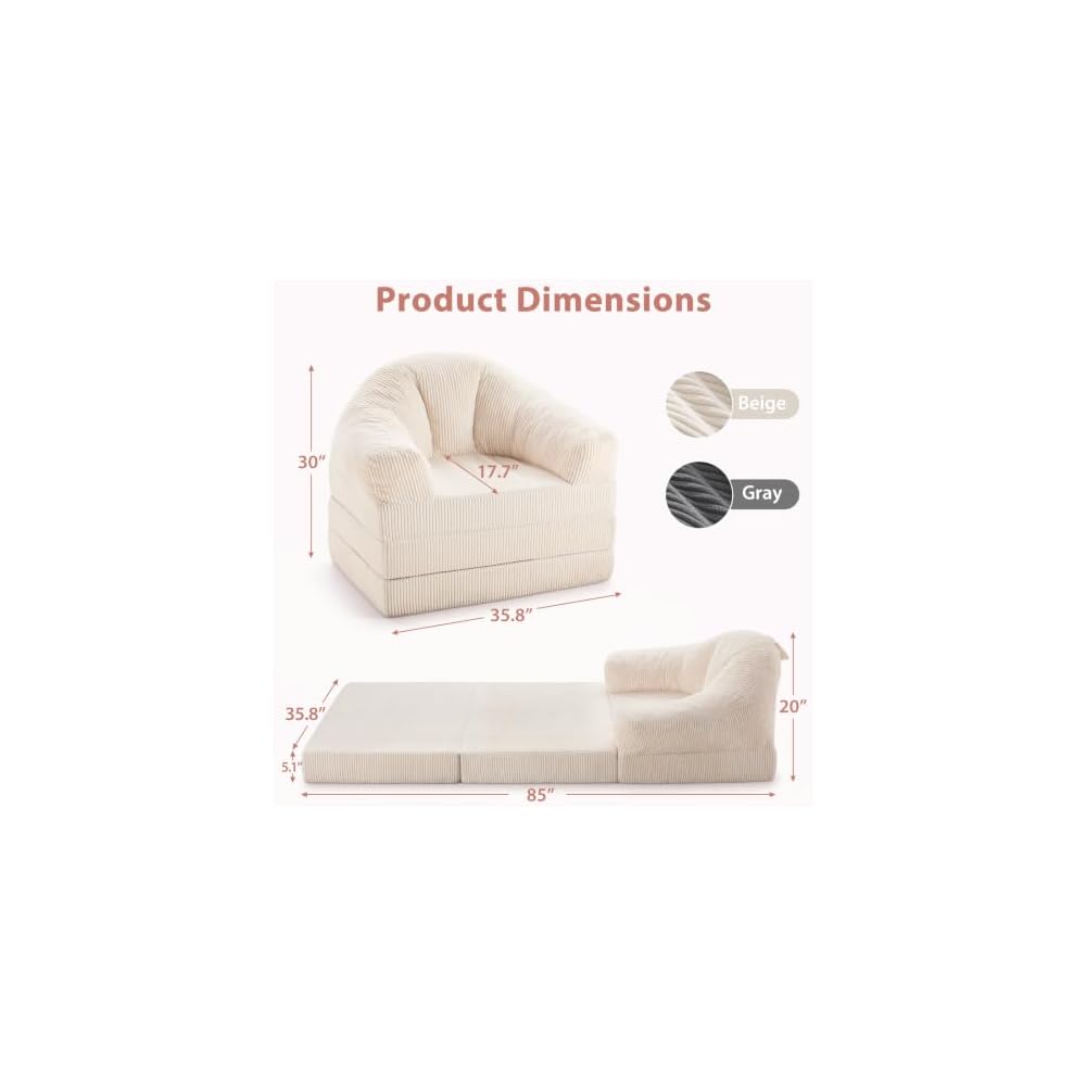 Folding Sofa Bed Convertible Sleeper Chair 2-in-1 Boneless Sofa