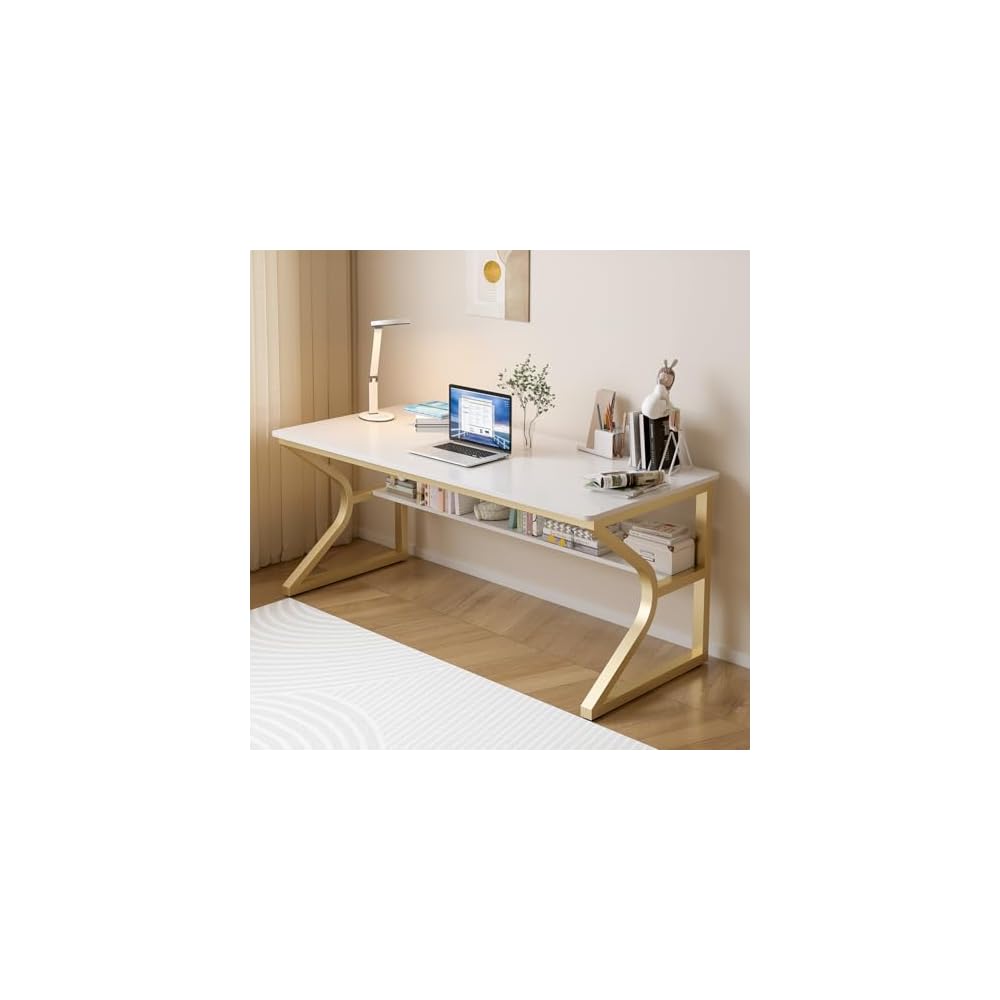 OSCHF 63-Inch Extra Long Desk with Storage Shelf, Warm White