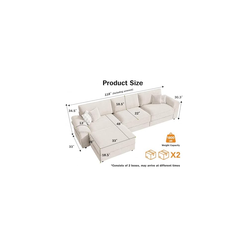Vipbear 118" Oversized Modular Sectional Couch for Living Room, L Shaped Sectional Sofa with Movable Ottoman, Premium Chenille Upholstery, Extra-Thick Seat Cushion, Beige