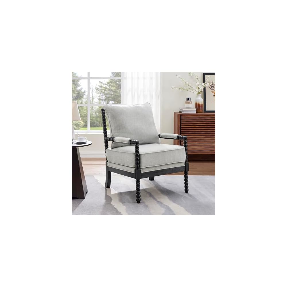 Roundhill Furniture Belvoir Upholstered Spool Accent Chair with Turned Wood Frame, Gray with Black Finish