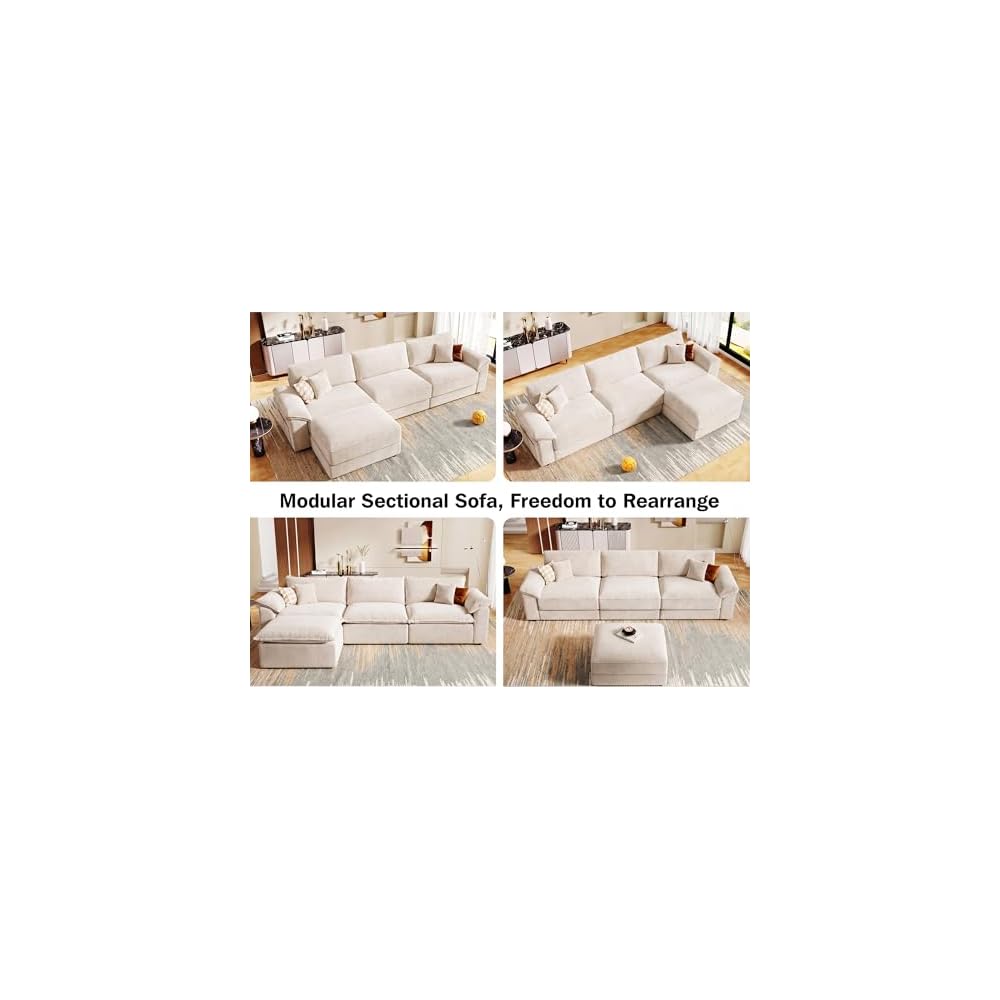Vipbear 118" Oversized Modular Sectional Couch for Living Room, L Shaped Sectional Sofa with Movable Ottoman, Premium Chenille Upholstery, Extra-Thick Seat Cushion, Beige