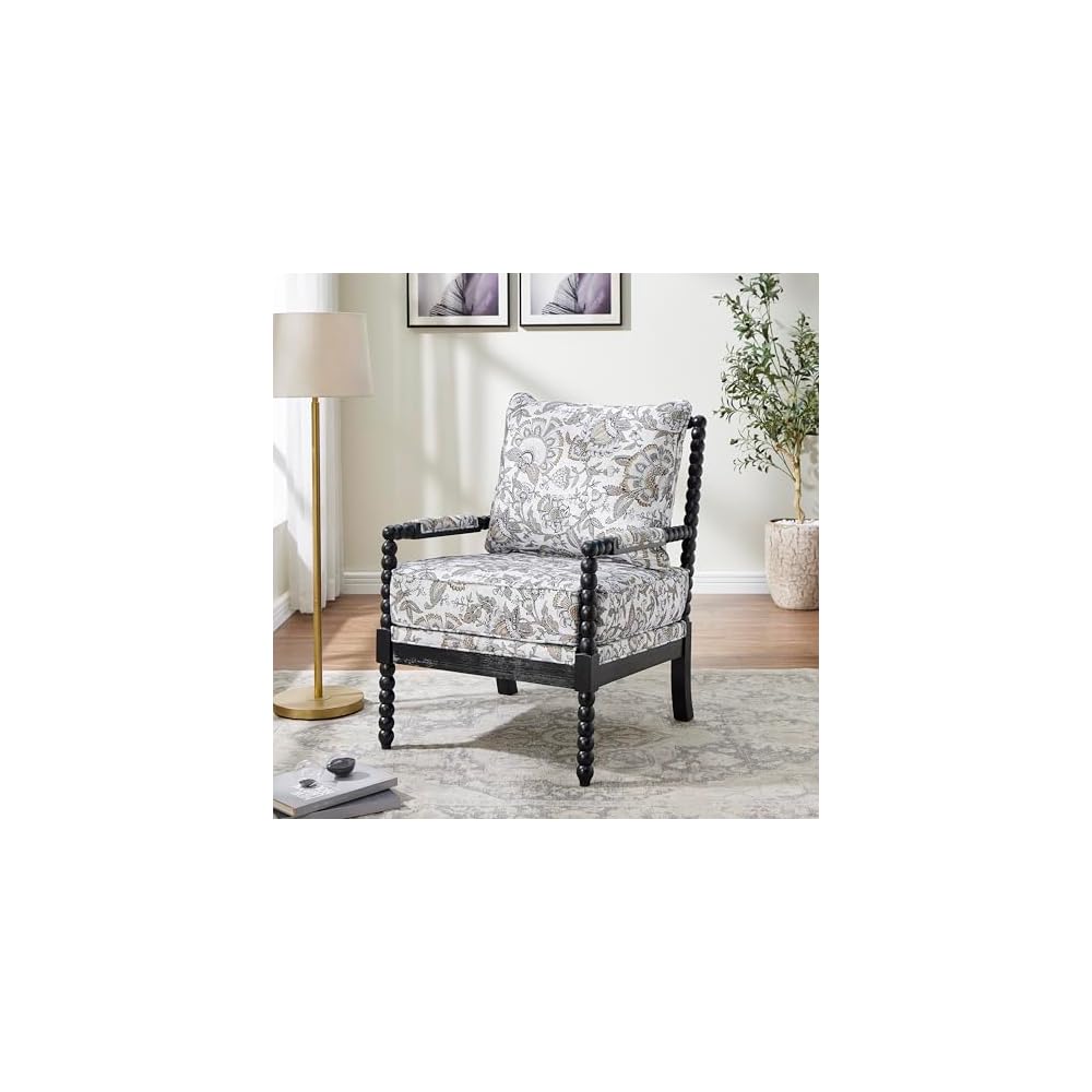 Roundhill Furniture Belvoir Upholstered Spool Accent Chair with Turned Wood Frame, Gray with Black Finish