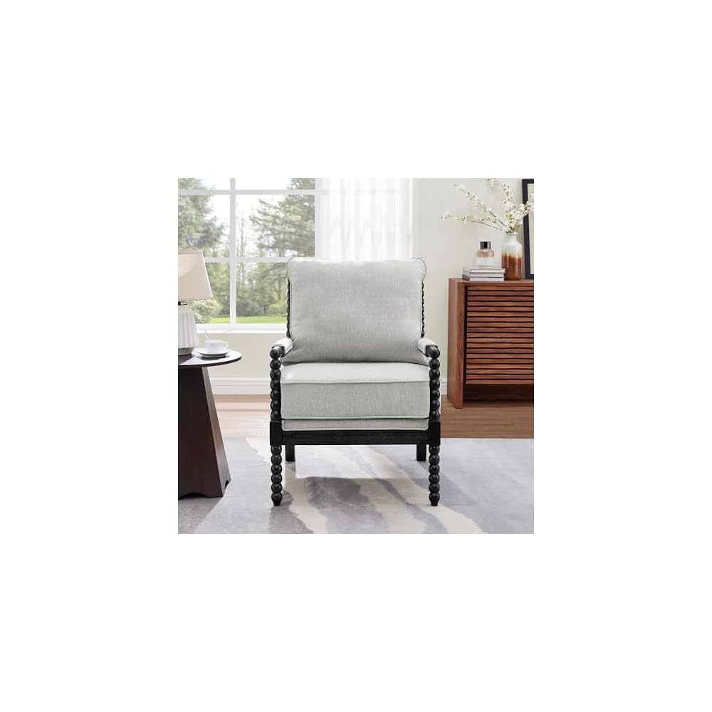 Roundhill Furniture Belvoir Upholstered Spool Accent Chair with Turned Wood Frame, Gray with Black Finish