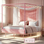 Queen Canopy Bed with Tall Headboard, Charging Station & LED Light (Pink)
