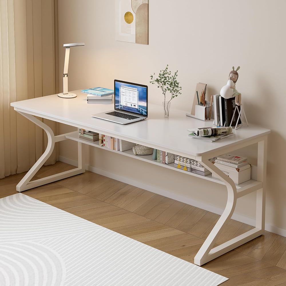 OSCHF 63-Inch Extra Long Desk with Storage Shelf, Warm White