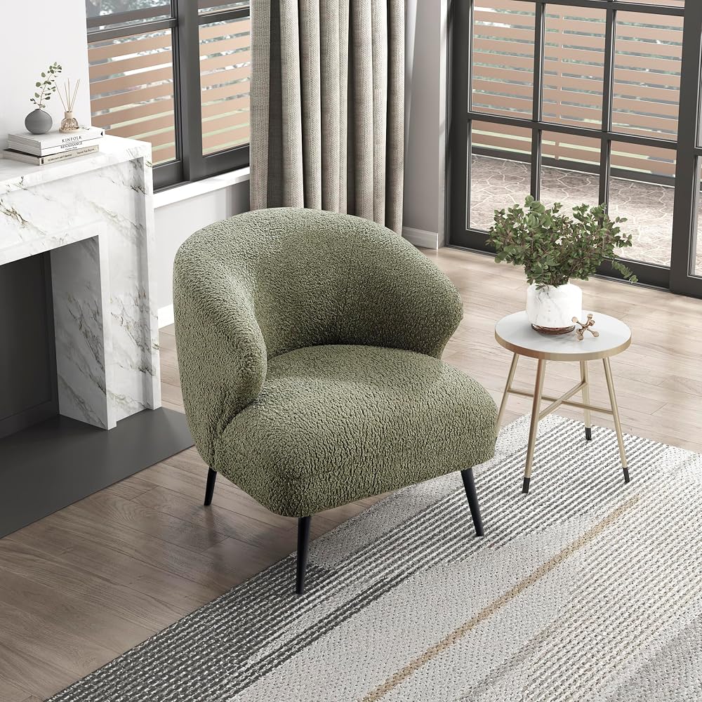Lexicon Modern Accent Chair, Boucle Fabric Upholstered Single Sofa Chair with Curved Back for Living Room/Bedroom/Office/Apartment, Green